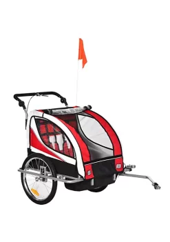 Aosom 2 in 1 Folding Child Bike Trailer and Baby Stroller with Safety Flag Light Reflectors and 5 Point Harness Red