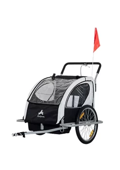 Aosom Elite 2 In 1 Three Wheel Bicycle Cargo Trailer and Jogger for Two Children with 2 Security Harnesses and Storage White