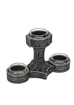 Veronese Design Norse Mythology Thor's Hammer Mjolnir Silver Finished Triple Tealight Candle Holder