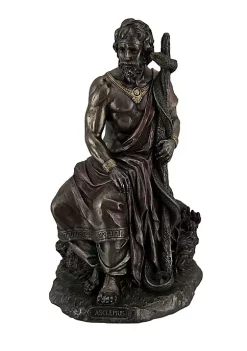 Veronese Design Asclepius Greek God of Medicine Holding Serpent Entwined Staff Bronzed Statue