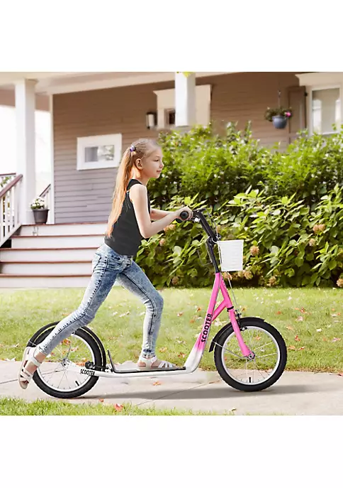 Aosom Youth Scooter Kick Scooter with Adjustable Handlebars Double Brakes 16" Inflatable Rubber Tires Basket Cupholder Mudguard Ages 5 12 years old Pink 4 Aosom Youth Scooter Kick Scooter with Adjustable Handlebars Double Brakes 16" Inflatable Rubber Tires Basket Cupholder Mudguard Ages 5 12 years old Pink - Image 2