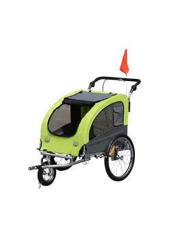 Aosom Dog Bike Trailer 2 In 1 Pet Stroller with Canopy and Storage Pockets Green