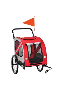Aosom Dog Bike Trailer 2 in 1 Pet Stroller Cart Bicycle Wagon Cargo Carrier Attachment for Travel with 4 Wheels Reflectors Flag Red