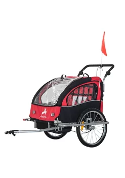 Aosom Elite 360 Swivel 2 In 1 Double Child Two Wheel Bicycle Cargo Trailer Stroller With 2 Security Harnesses Red